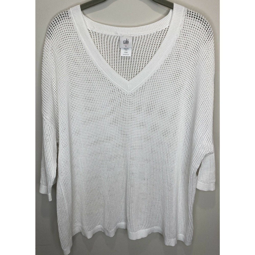 CAbi Breeze #5454 White Open Knit Sweater Oversized Drop Shoulders